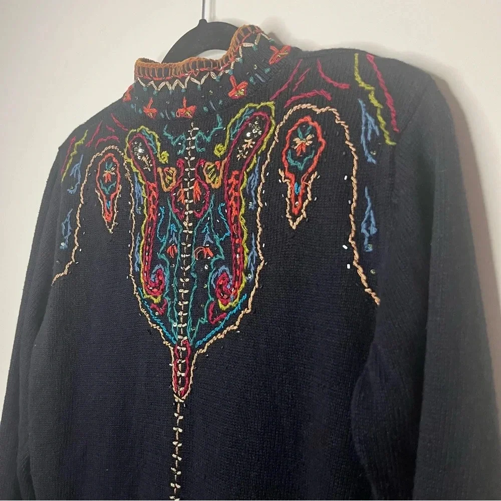 VTG COLDWATER CREEK Colorful Boho 90s Beaded Embroidered Longlined Fall Cardigan